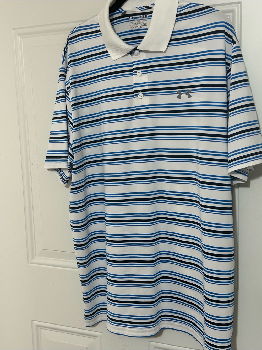 Under Armour Men’s White Polo with Blue & Navy Stripes